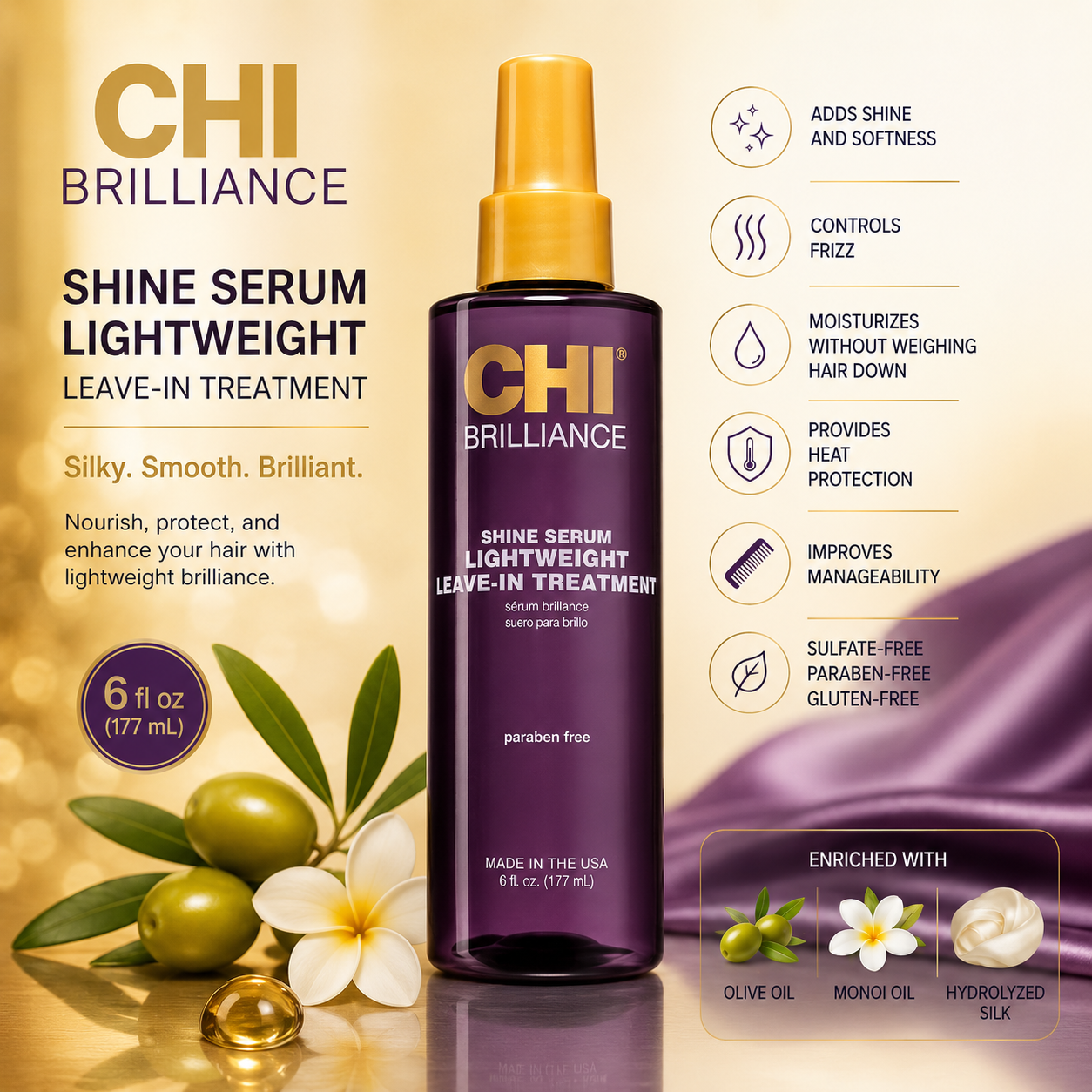 CHI Deep Brilliance Serum Light Weight Leave-in Treatment, 6 Fl Oz