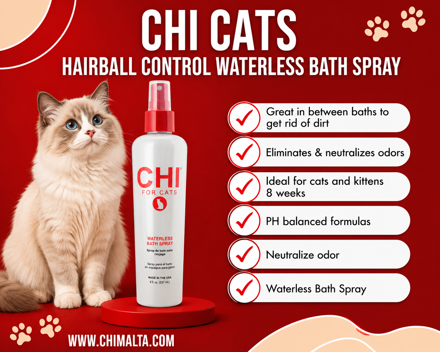 CHI Pets Hairball Waterless Bath Spray 237ml for cats