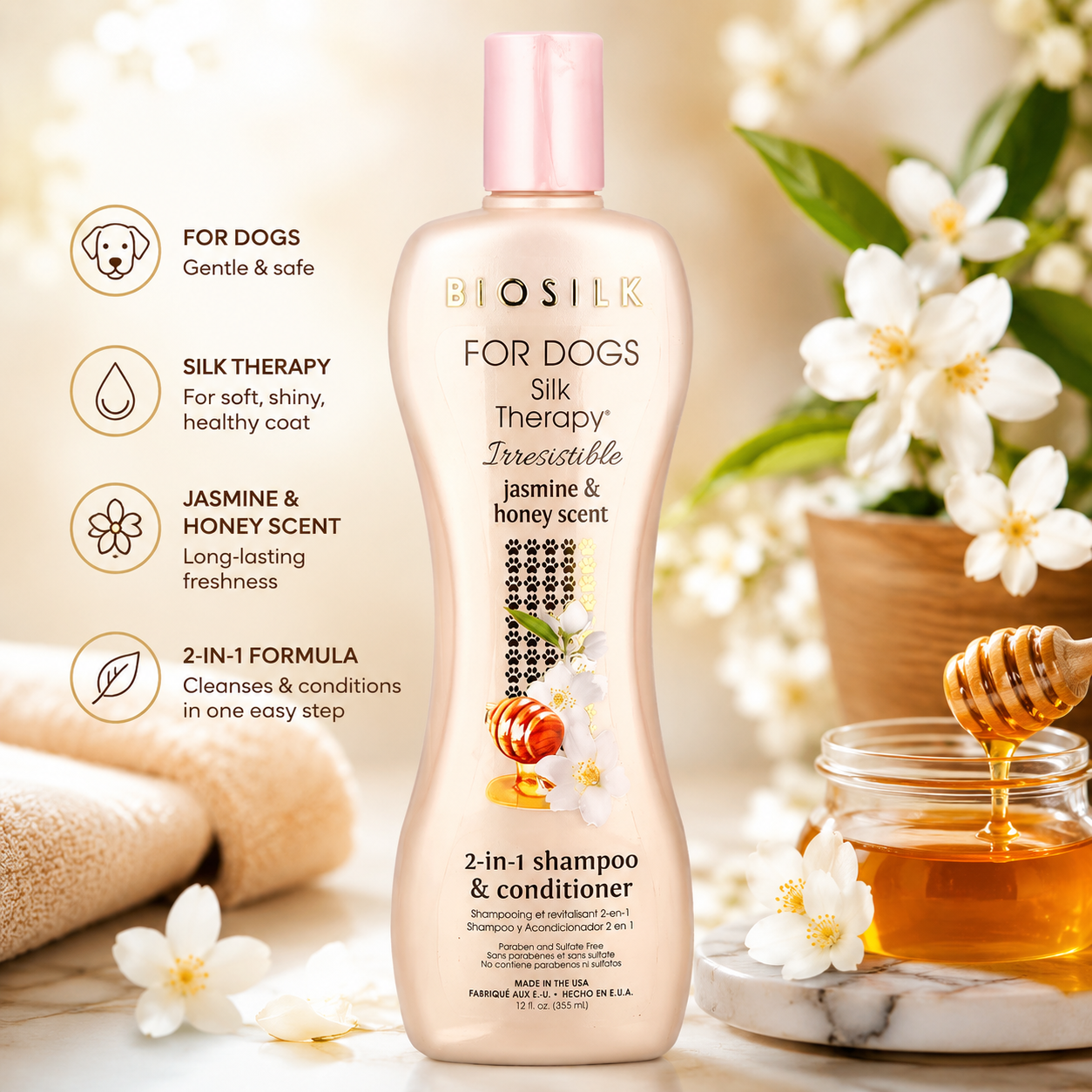 Biosilk 2-in-1 Shampoo & Conditioner Jasmine & Honey 355ml for dogs