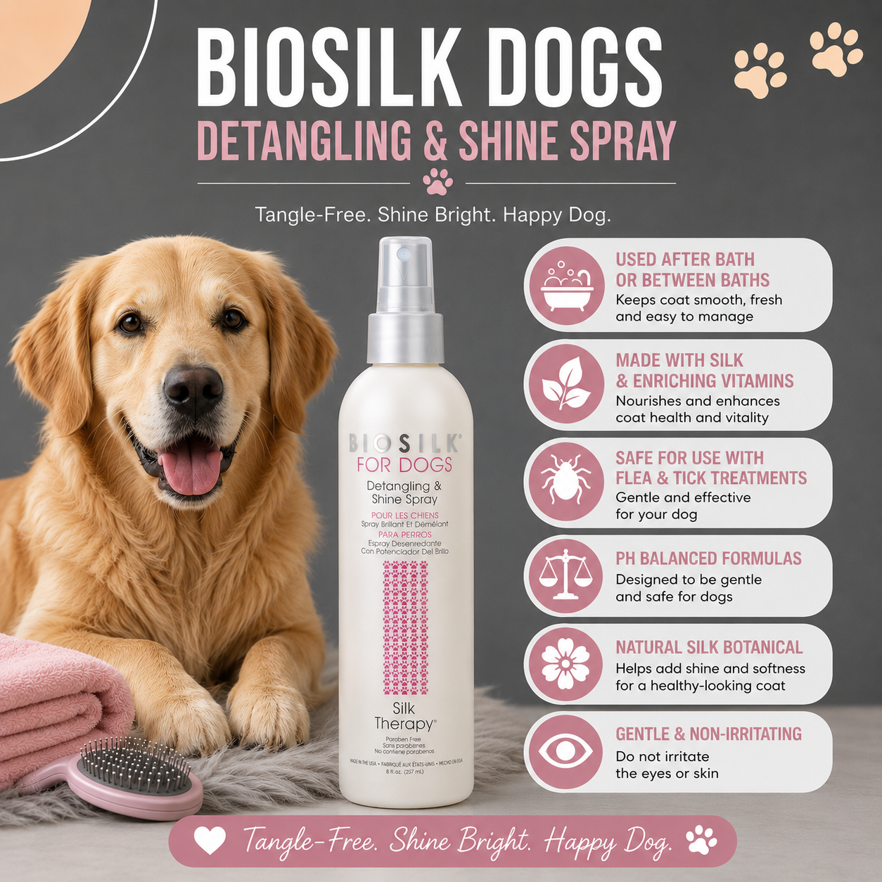 Biosilk Pets Detangling & Shine Spray 237ml for dogs